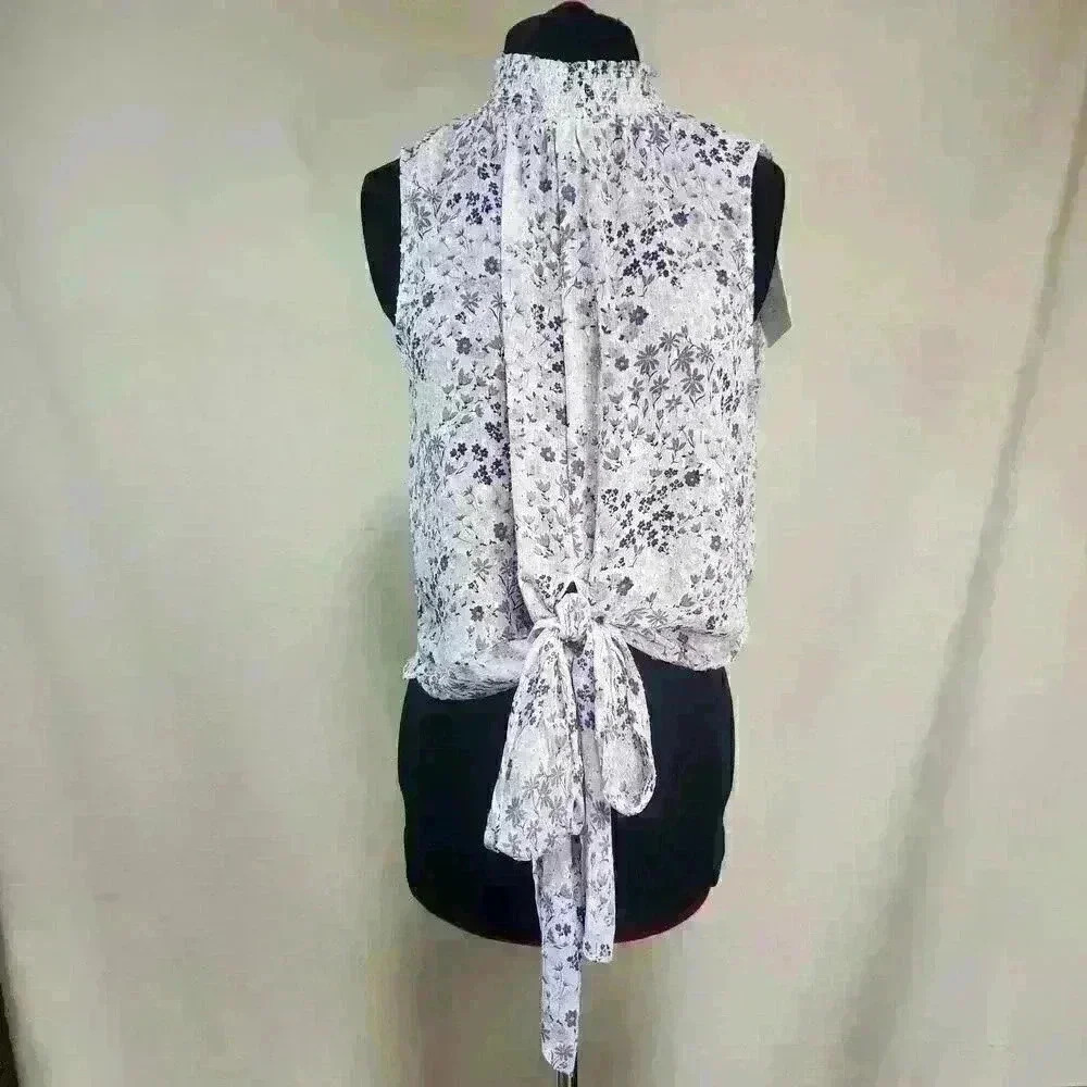 NWT‎ Semi-Sheer Floral Rachel Zoe Sleeveless Top Hip Tie Elastic Neckline Small